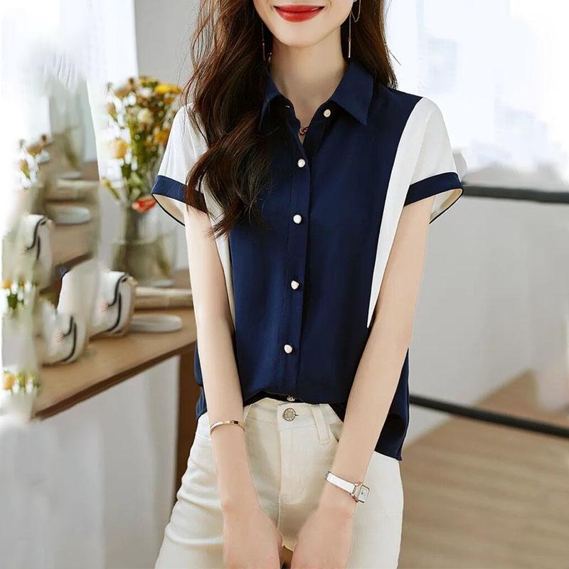 Elegant Women's Button Shirt Summer New Fashion Korean Contrasting Colors Spliced Polo-Neck Blouse Short Sleeve Female Clothing
