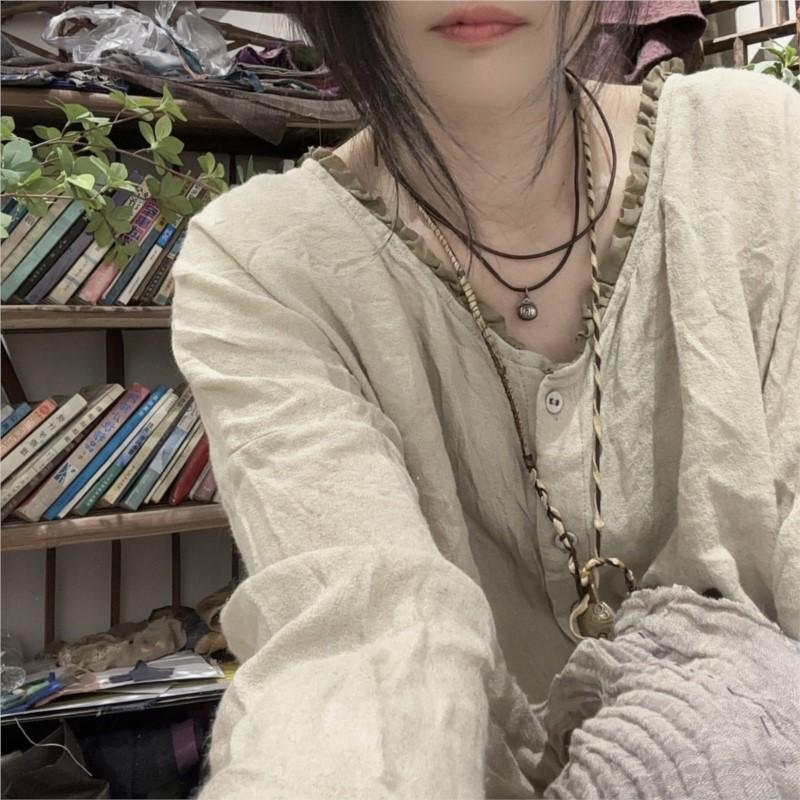 Johnature Women Vintage Shirts Tops Long Sleeve Chinese Style Blouses Button Solid Color Women Shirts