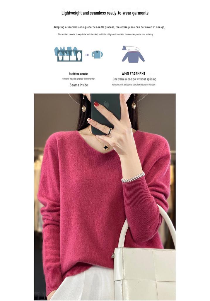 Women's Slimming V-Neck Pure Wool Cashmere Sweater - Soft, Seamless Knitwear Base Layer