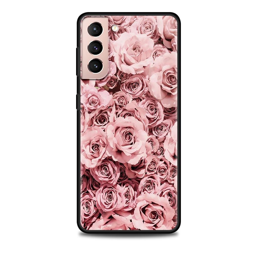 Pink Rose Bling Print Case for Samsung Galaxy S20 FE S21 S22 Ultra S10 Plus S9 S8 S10e S7 Edge Silicone Black Soft Phone Cover