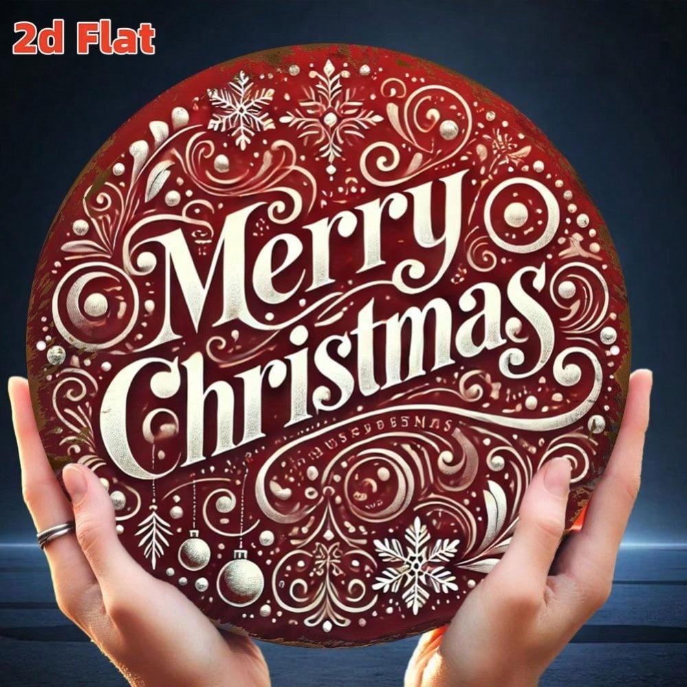 Vintage Christmas Wreath Metal Wall Art Burgundy Red Golden Holiday Decor Round Aluminum Sign Merry Christmas Home Office Party Decoration