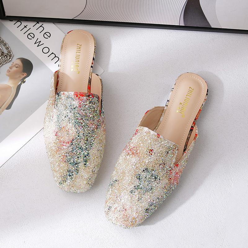 Fashion Celebrity Crystal Multicolor Mules Women Square Toe Slippers Summer Shoes Woman Sandals Flipflops Plus Size 40-43 Glitter Slides