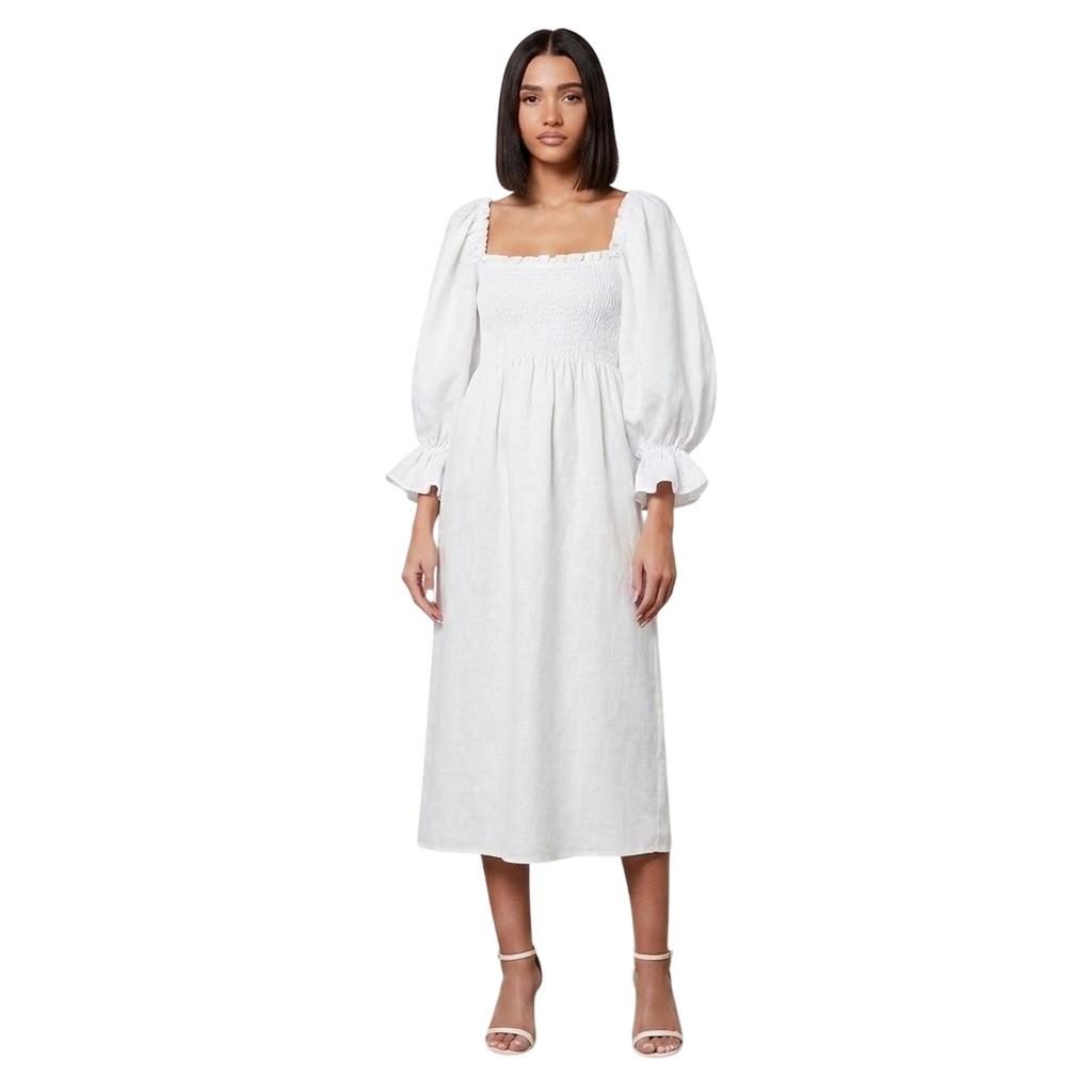 Sleeper Womens/Ladies Linen Blend Puff Sleeve Midi Dress