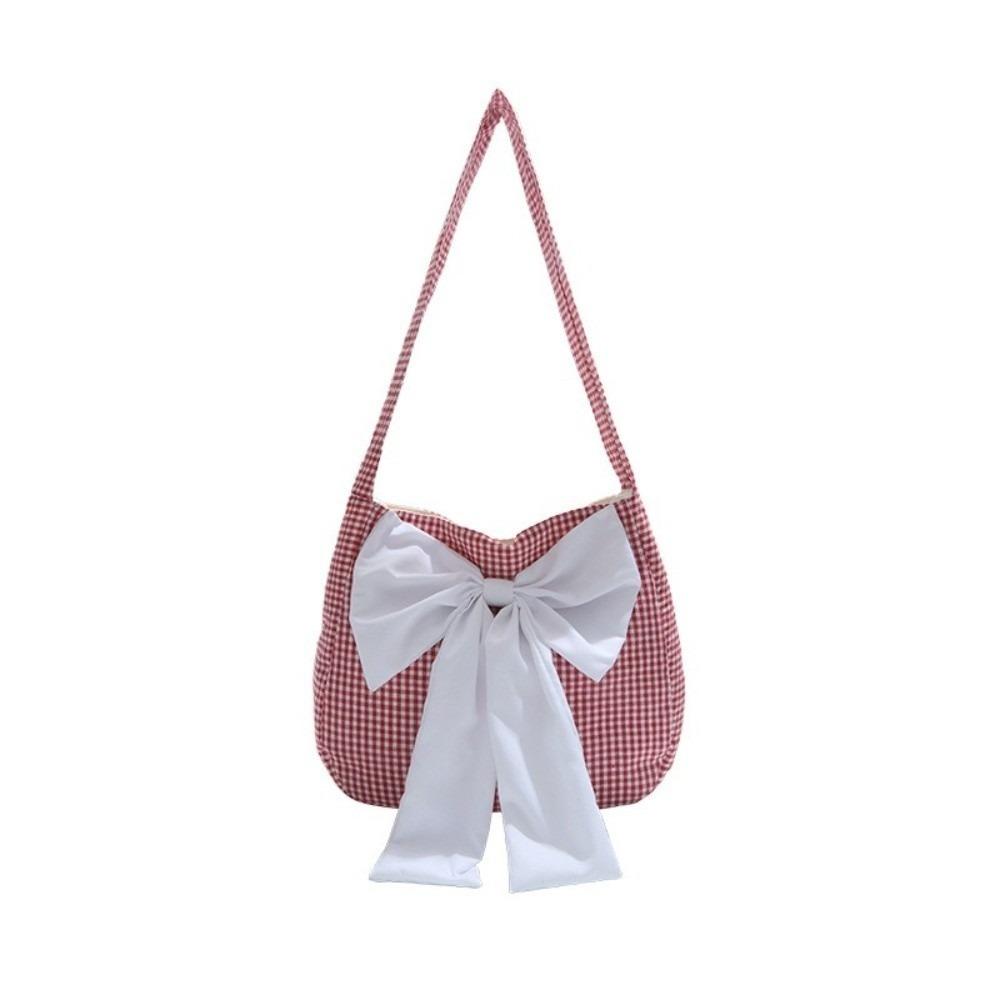 

Lattice Plaid Shoulder Bag Japanese Style Canvas Tote Bag Casual Bow Shoulder Bag Outdoor красный