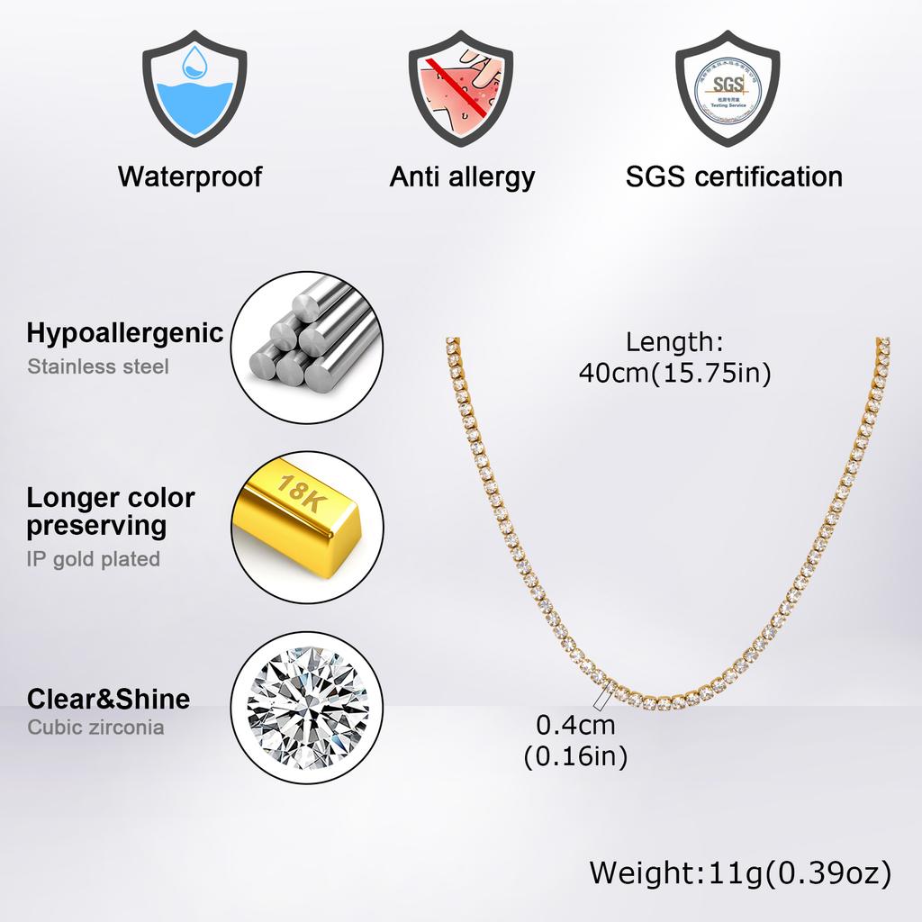 Hip Hop Tennis Chain Necklace for Men,4mm Stainless Steel Zircon Chokers,Luxury Rock Punk Jewelry Gift for Husband Dad Son