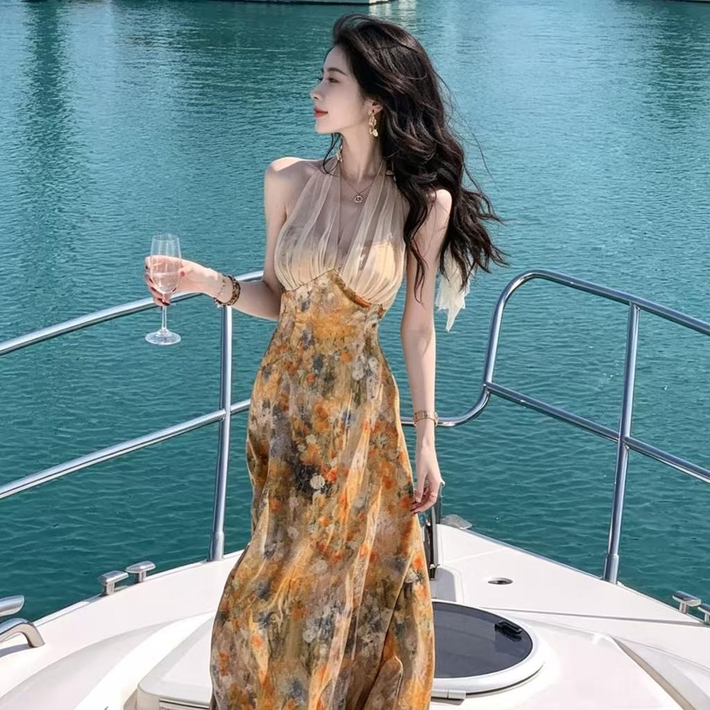 French Xinjiang vacation travel wear retro oil painting style splicing mesh dress women's sleeveless neck dress