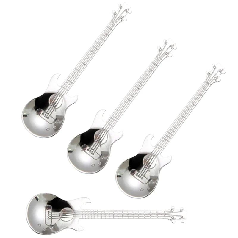 Guitar Coffee Teaspoons,4 Pcs Stainless Steel Musical Coffee Spoons Teaspoons Mixing Spoons Sugar Spoon(Silver)