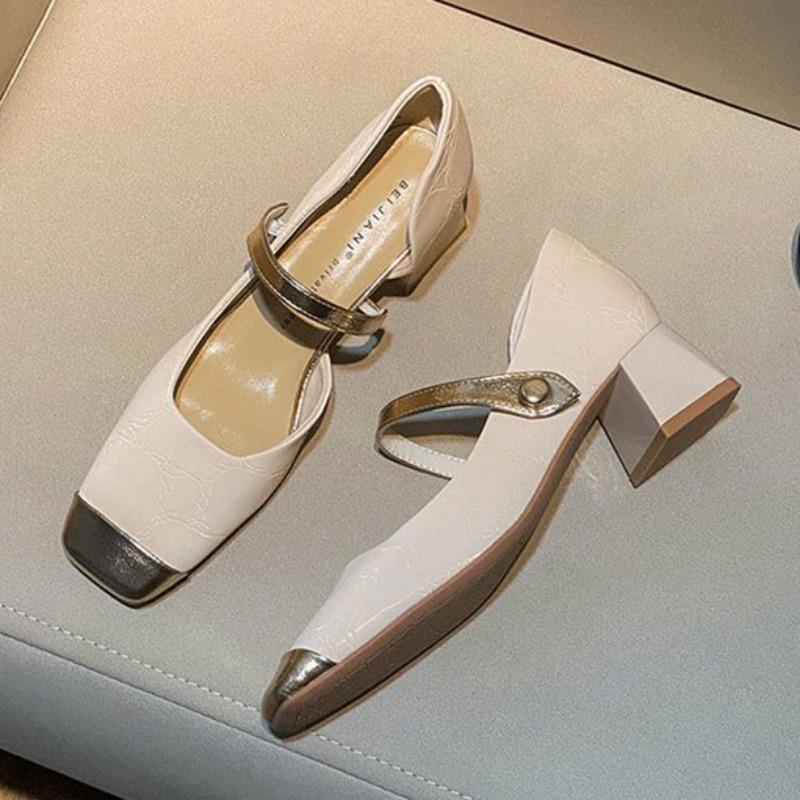 Women's Thick Heel Shoes Spring New Square Head Shallow Mouth Splicing A Word Buckle Waterproof Non-slip Low-top Shoes