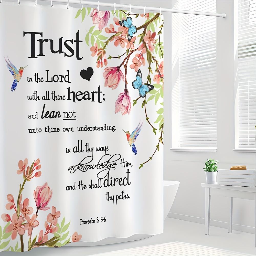 

Inspirational Quote Shower Curtain with Hooks - Waterproof Polyester, Floral & Butterfly Design, Pink Flowers & Green Leaves W90XH180cm