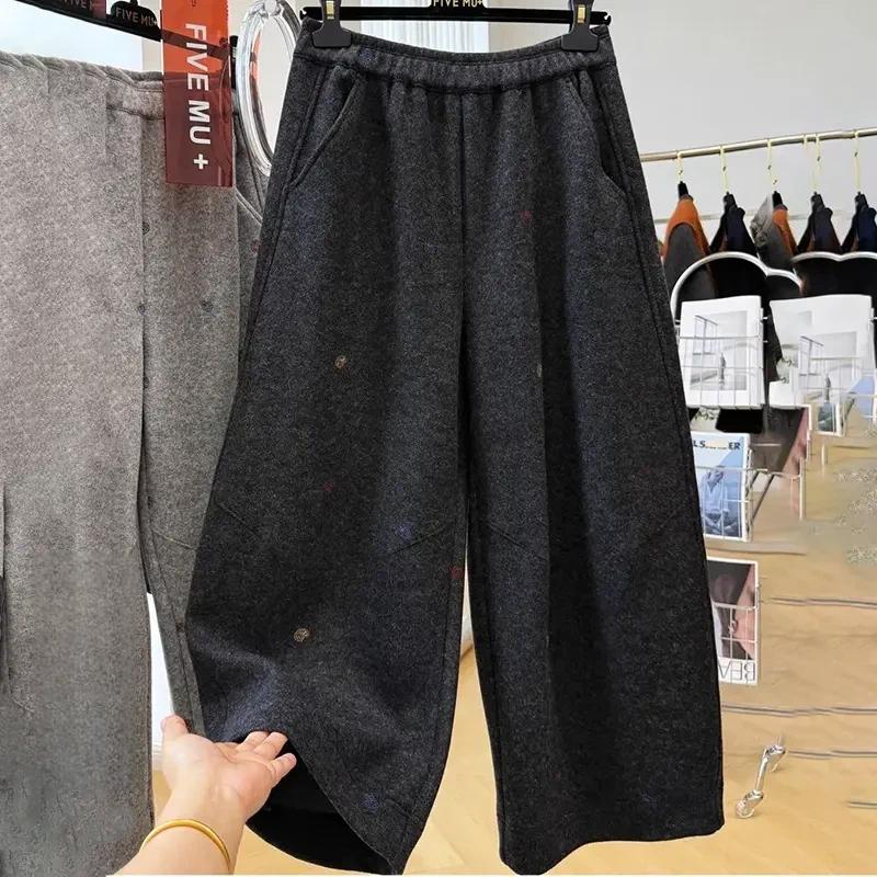 

Штани для жінок великих розмірів, потовщені, еластичні, з високою посадкою, довгі, однотонні, флісові, повсякденні штани з широкими штанинами XXXXL темно-сірий колір