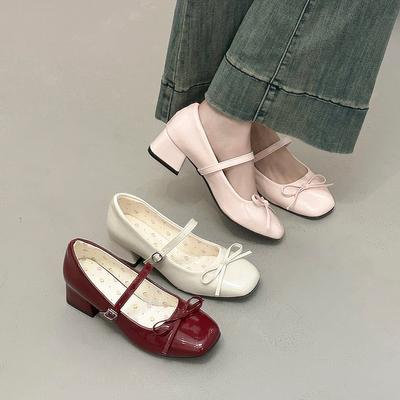 Heel New Patent Leather Jane Heel Spring Versatile Women's Shoes Mary Jane Shoes Bow Bottom Annual Strap
