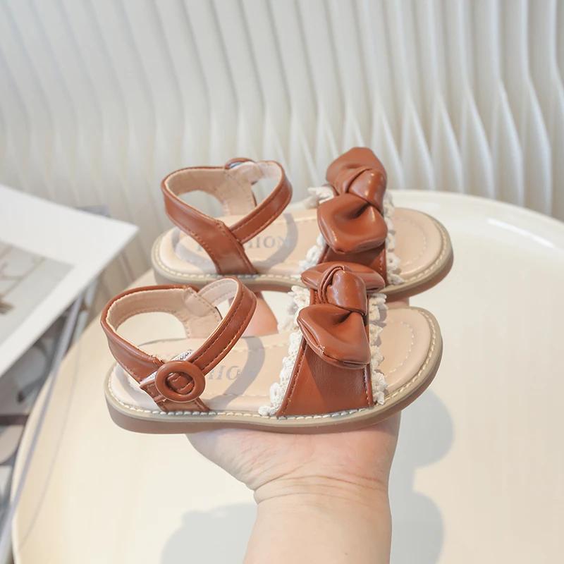 2024 Children Sandals for Girl Summer New Fashion Sweet Bowtie Soft Comfortable Chic Anti-slippery Flats Outside Cool Beach Shoe
