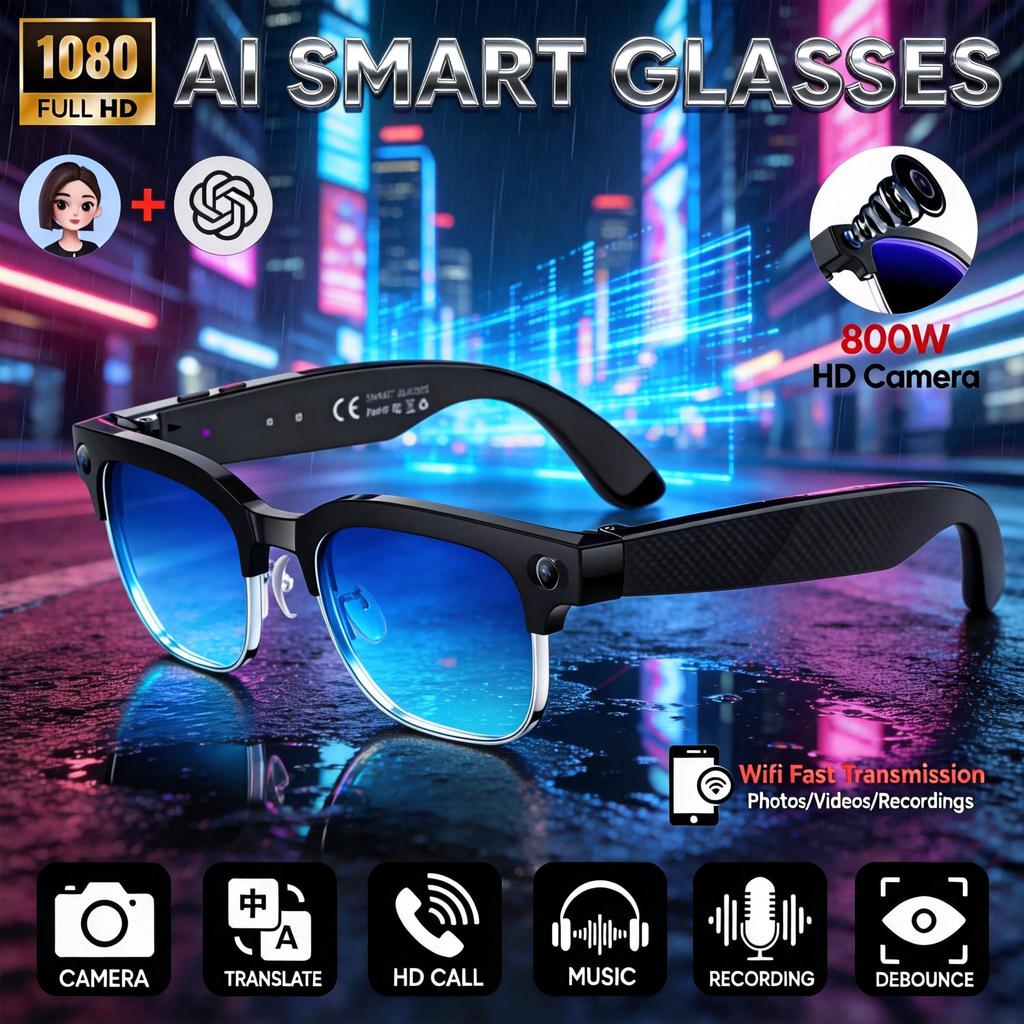 New AI Smart Glasses 1080P HD Camera Chat GPT 32GB Memory 144+Translation BT Call Music Video Smart Glasses For Men Women