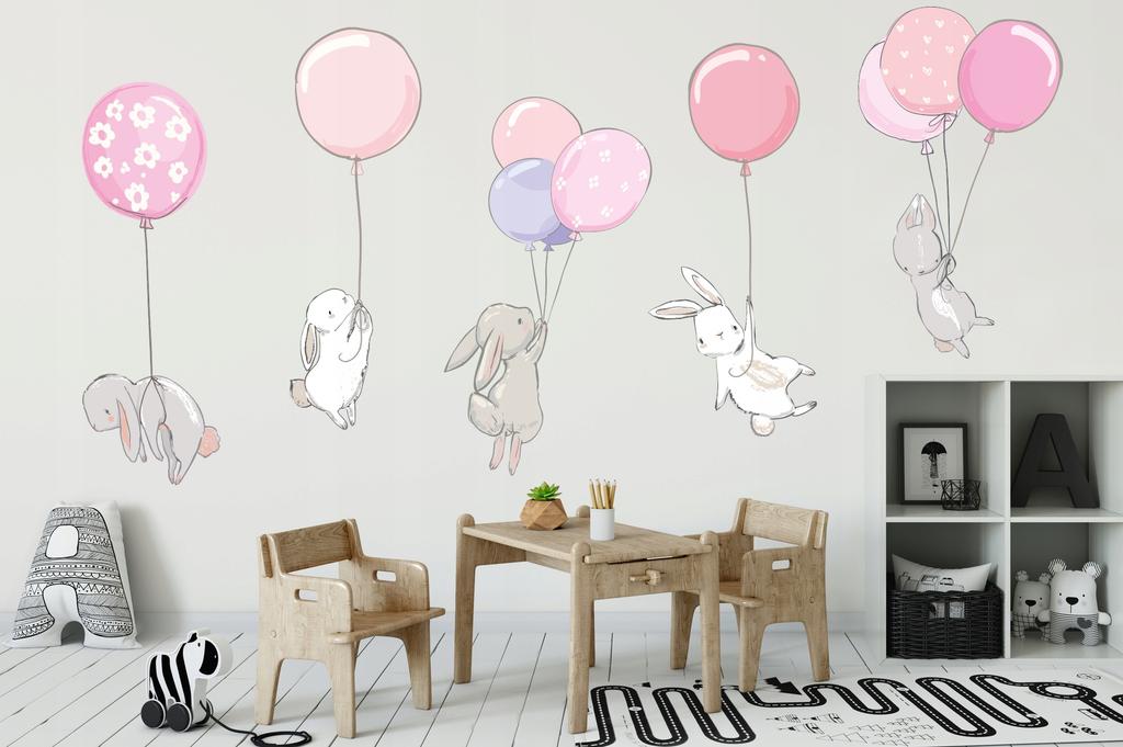 Decorative Sticker For Kids - Rabbits With Balloons Pink