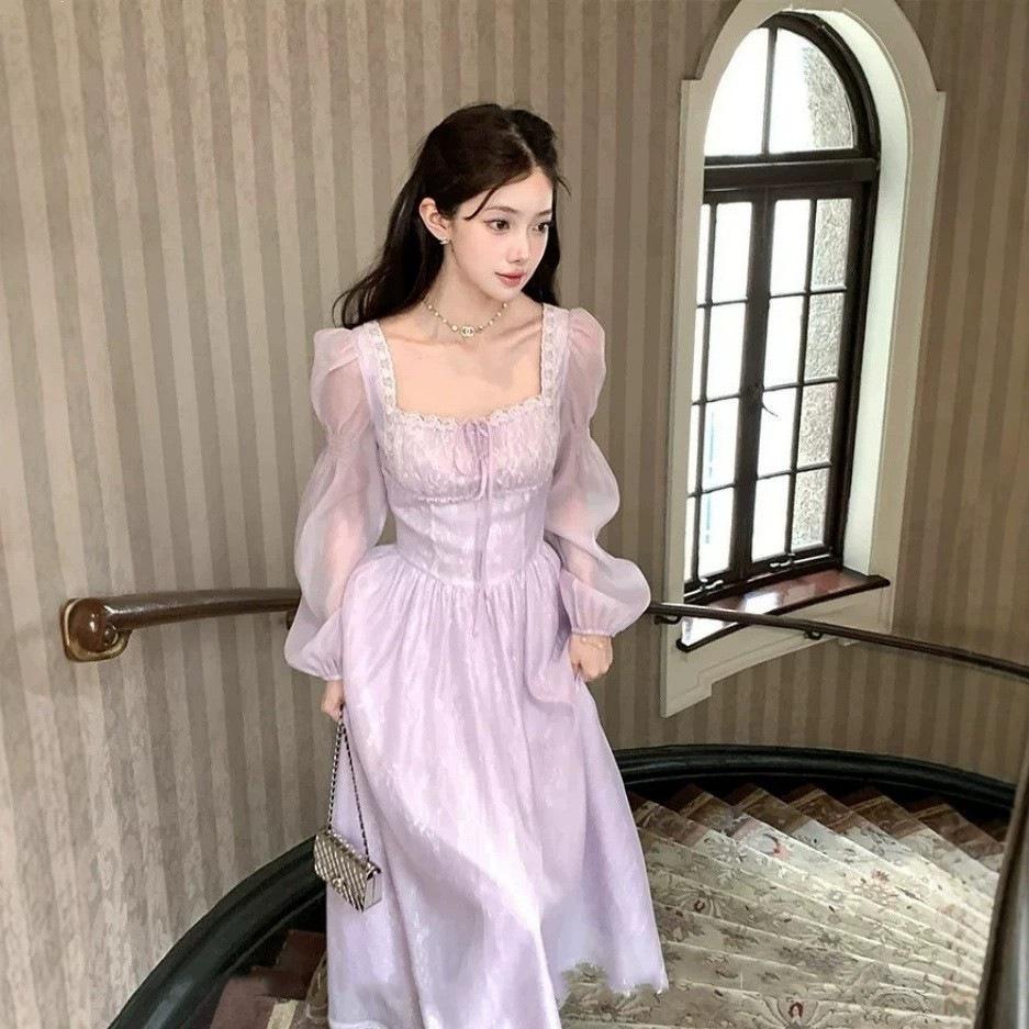 Square neck long sleeve purple long dress women's summer French retro daughter style temperament waist skirt