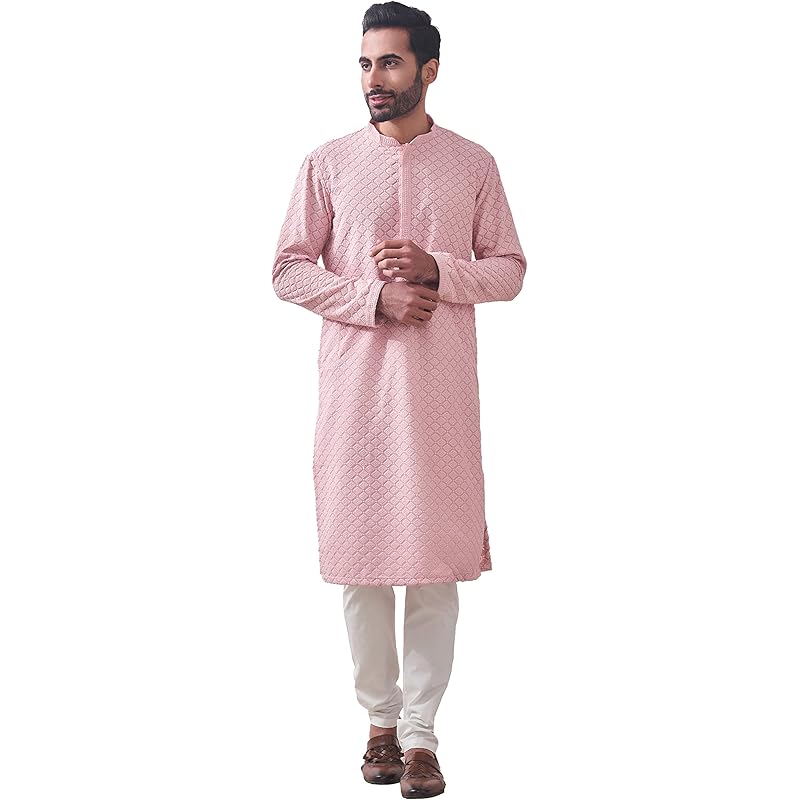 Manyavar Pink Blended Cotton Full Sleeve Kurta Set | Traditional Kurta Set For Men (XL)