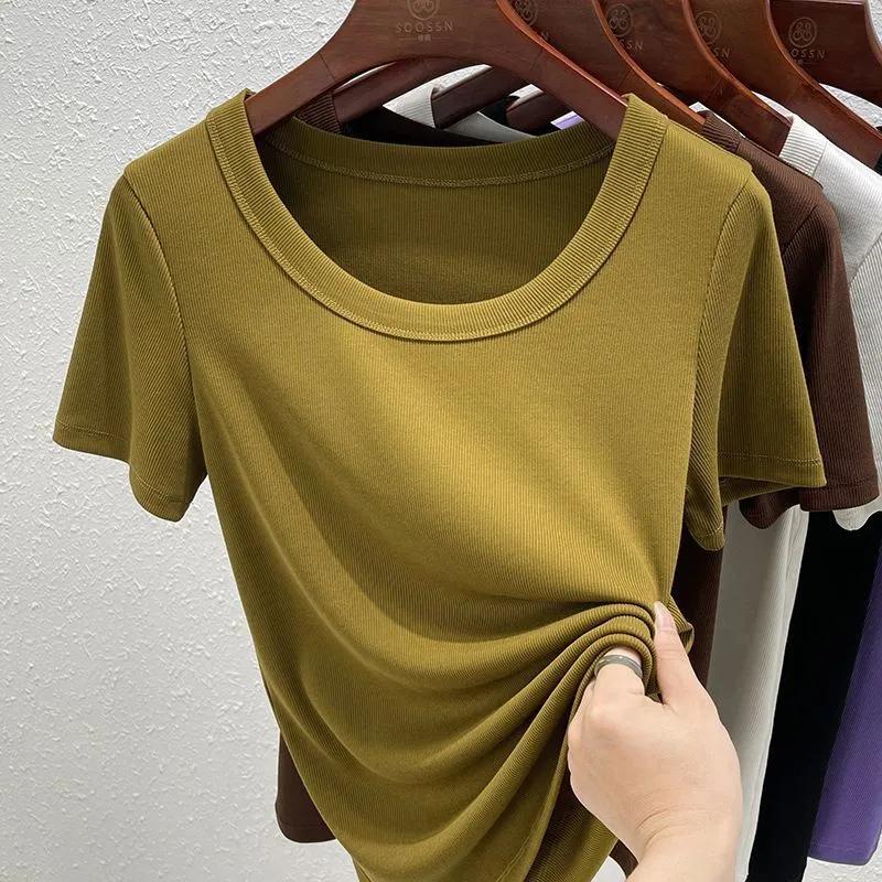

Womens Solid Color U-Neck Short Sleeve Fitted T-Shirt M жёлтый