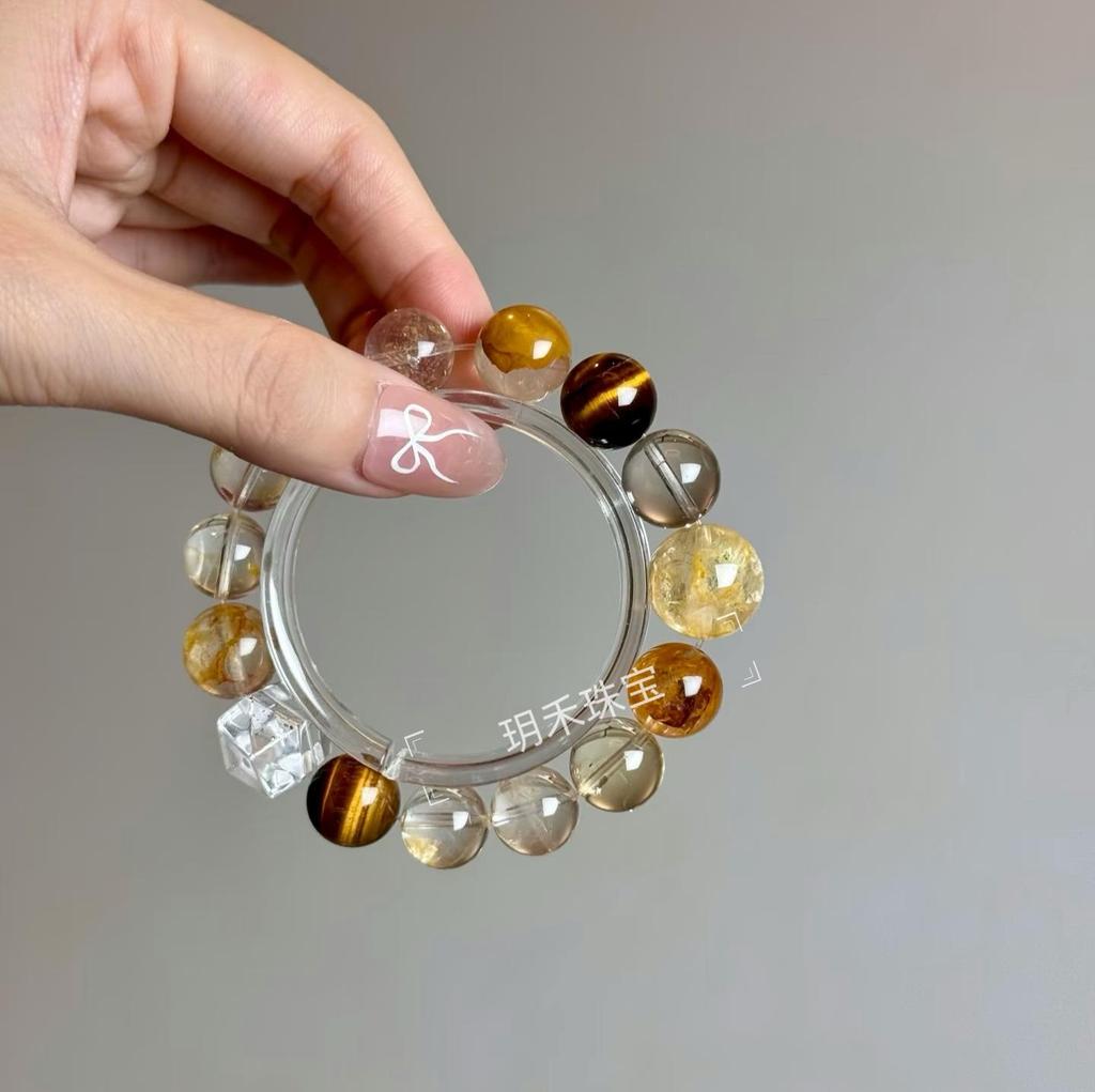 High-End Autumn Yellow Tiger's Eye & Phantom Quartz Bracelet - Perfect Gift for Girlfriend or Bestie