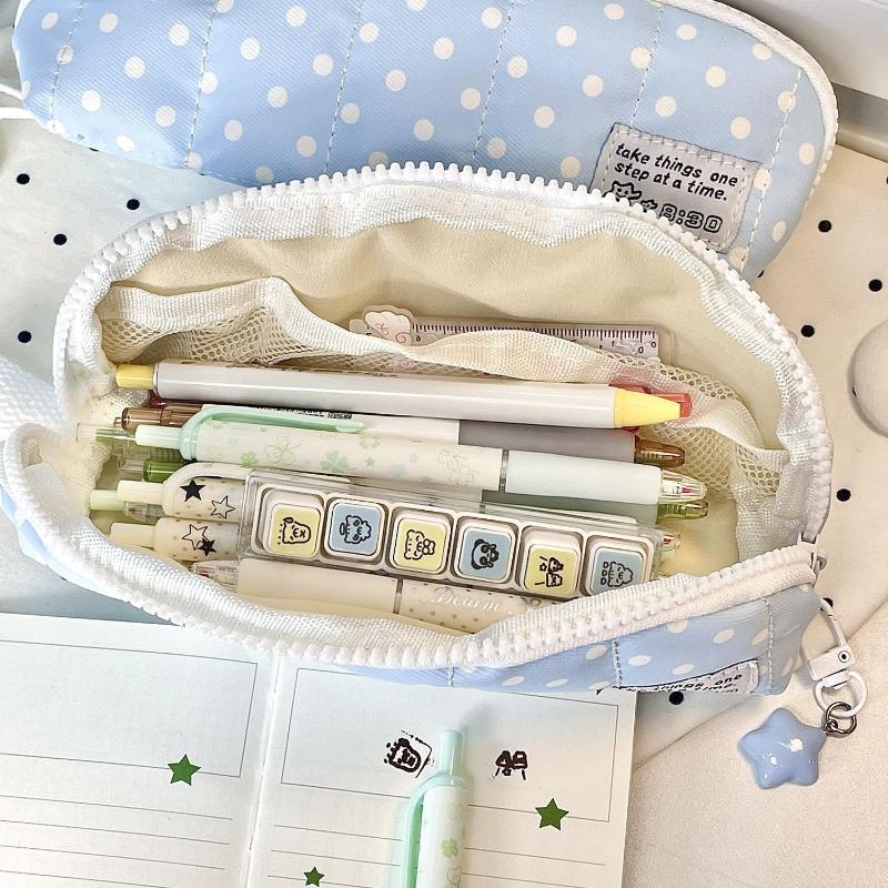 Polka Dot Pencil Case Soft Padded Durable Zipper Dustproof Stationery Organizer for Students School Business Trip Use
