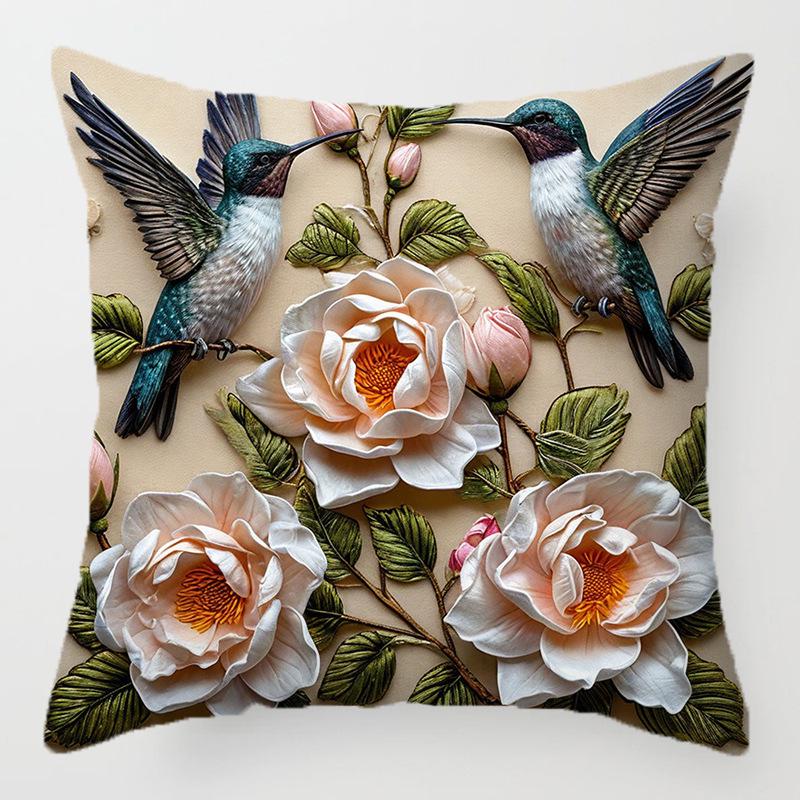 3D Floral Embroidery Throw Pillow Cover - Sofa Cushion, Digital Print Pillowcase