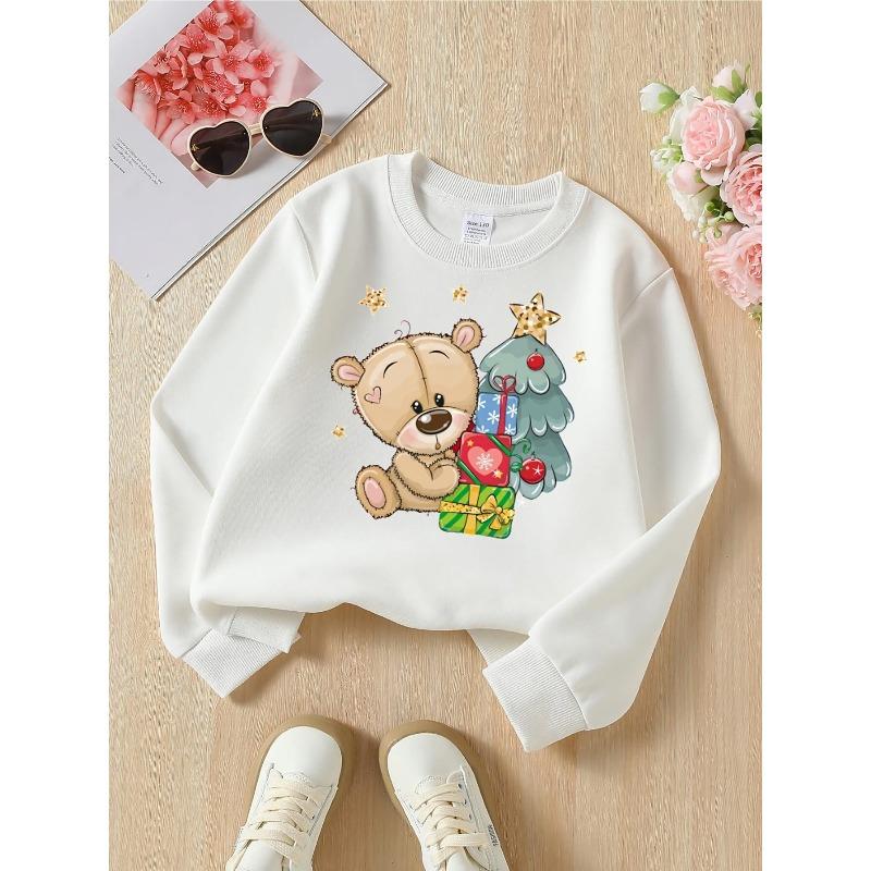 European sizes Fashionable Crewneck Sweatshirt with Christmas Bears, Trees, Gifts & Stars, Western Long-Sleeved Top for Young Girls