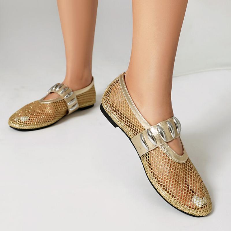 Fashion Round Toe Flat Bottomed Fishing Net Hollow Out Ballet Single Shoes Punk Style New Fashionable Women Shoes Size 48 Handmade Shoe