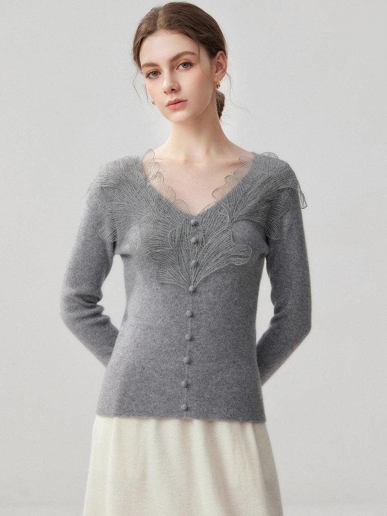 Autumn 2026 Women's Lace V-neck Cashmere Sweater - Elegant Slimming Knitwear