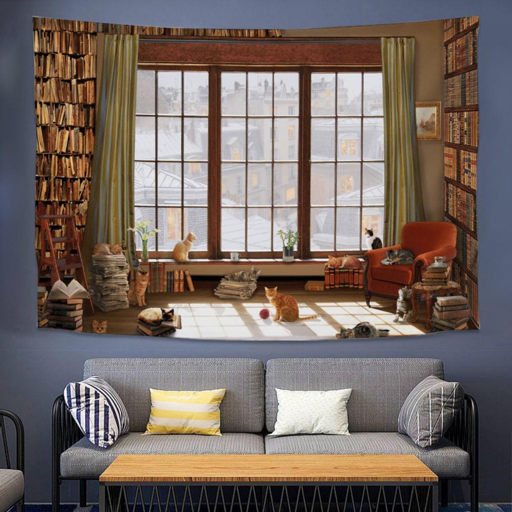 VIKAMAins Window with Stunning Landscape Live Streaming Wall Fabric Background Decorative Tapestry for Bedroom and Dormitory