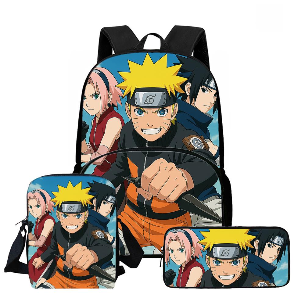3Pcs Set School Backpack with Front Pocket, Crossbody Bag & Pencil Bag, Cartoon NARUTO, Lightweight for Boys & Girls Ages 6-10