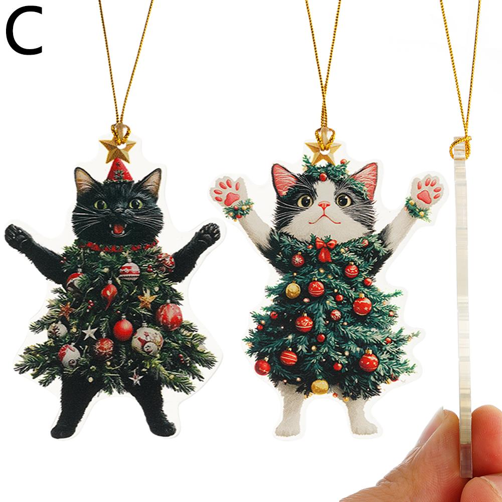 2D Christmas Tree Hanging Pendant Car Rearview Mirror Ornaments Acrylic Cat For Tree Decorations Party Supplies New Year Gifts