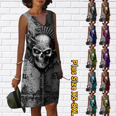 Women V Neck Summer Black Grey Fierce Skull Head Print Dress Casual Sleeveless Fashion Casual Loose Sexy Dresses Plus Size XS-8XL