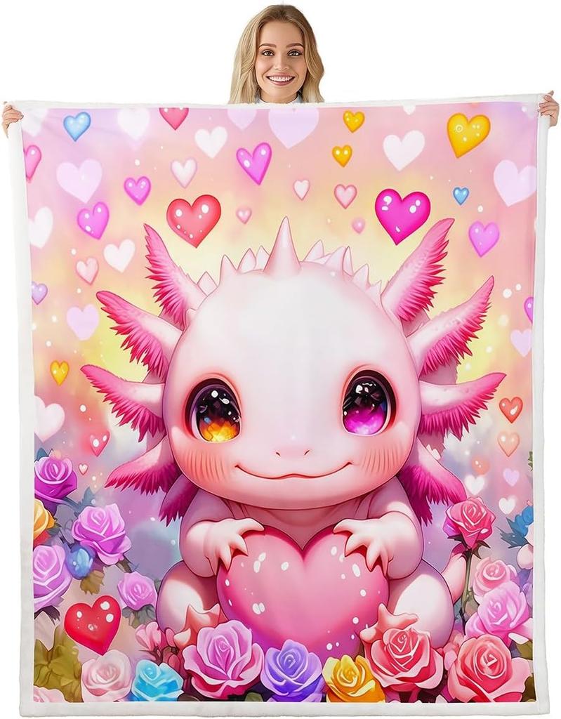 Cute Pink Axolotl Blanket Soft Fleece Throw Cherry Blossom Design Fantasy Art Kids Room Decor