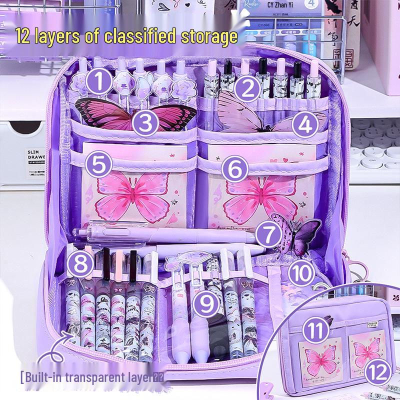 12-Layer Cute Cartoon Pencil Case for Girls - Perfect for Elementary and Junior High Students