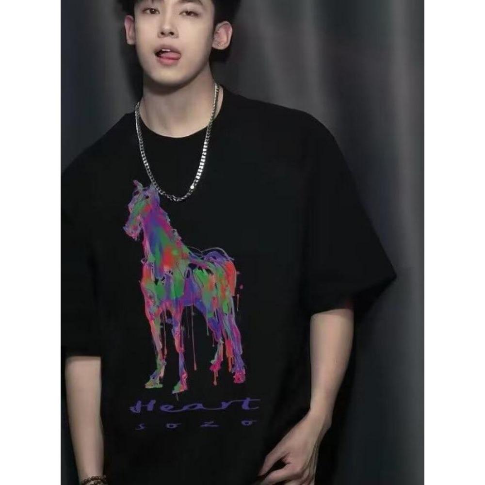 Loose casual men s T-shirt, trendy style, fashionable and versatile, breathable and comfortable S