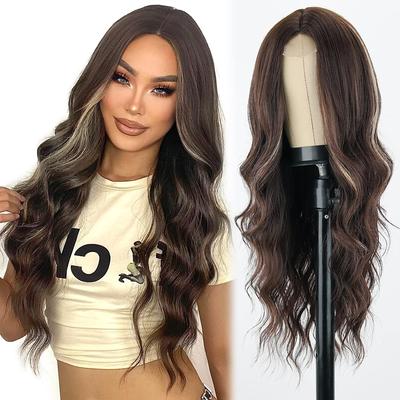 Long Brown Mixed Blonde Wavy Wig for Women 26 Inch Curly Wavy Wig Natural Looking Synthetic Heat Resistant Fiber Brown Wig for Girls