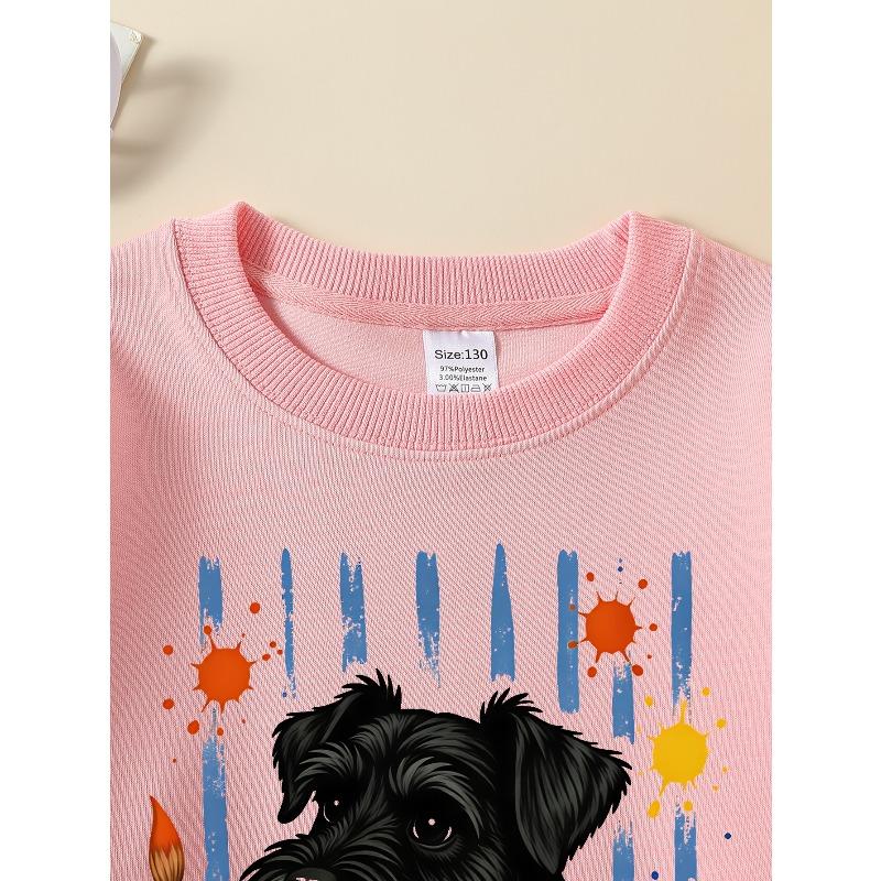 Girls' Long-sleeve Sweatshirt with Round Neck and Printed DesignArtist Dog Print Suitable for Spring and Autumn, Fashionable and Casual