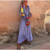 Fashion V-neck Lantern Sleeves Female Long Dress Casual Pleated Holiday Printed Loose Robe