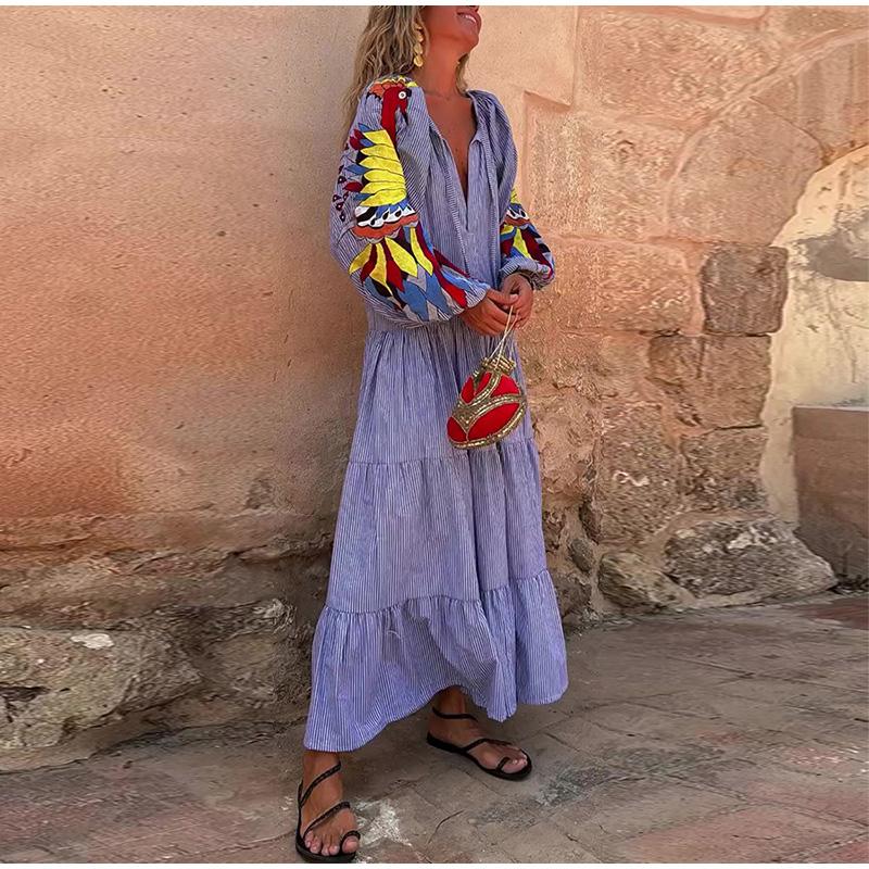Vestido Longo Feminino Decote V Manga Lanterna Casual Plissado Feriado Estampado Solto Roupão