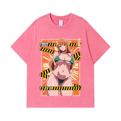 Camisetas Lavadas de 275 GSM 100% Algodón Una Pieza V40 Estampado Waifu de Nami Camiseta Unisex de Algodón Pesado