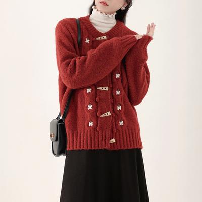 Mori Retro Cowl Button Cardigan Sweater Women's Autumn and Winter Loose Embroidery Knit Jacket
