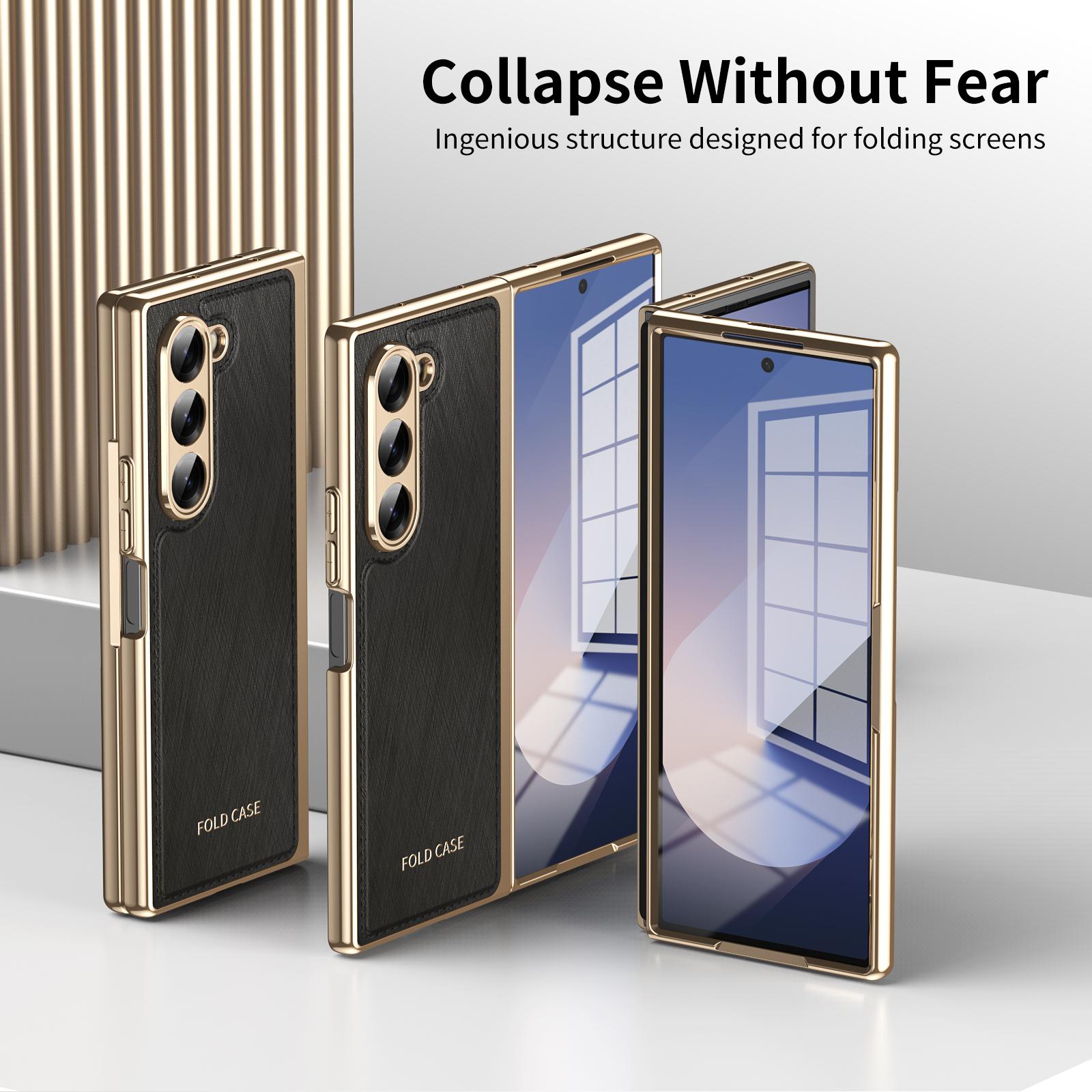 

For Samsung Galaxy Z Fold6 5G Case PU Leather Coated PC Electroplated Phone Cover Built In Screen Protector Black