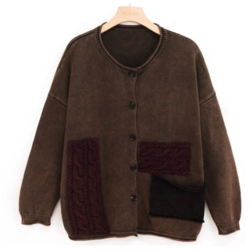 Johnature Women Vintage Winter Sweaters O-Neck Long Sleeve Patchwork Color Button Knitted Female Sweaters