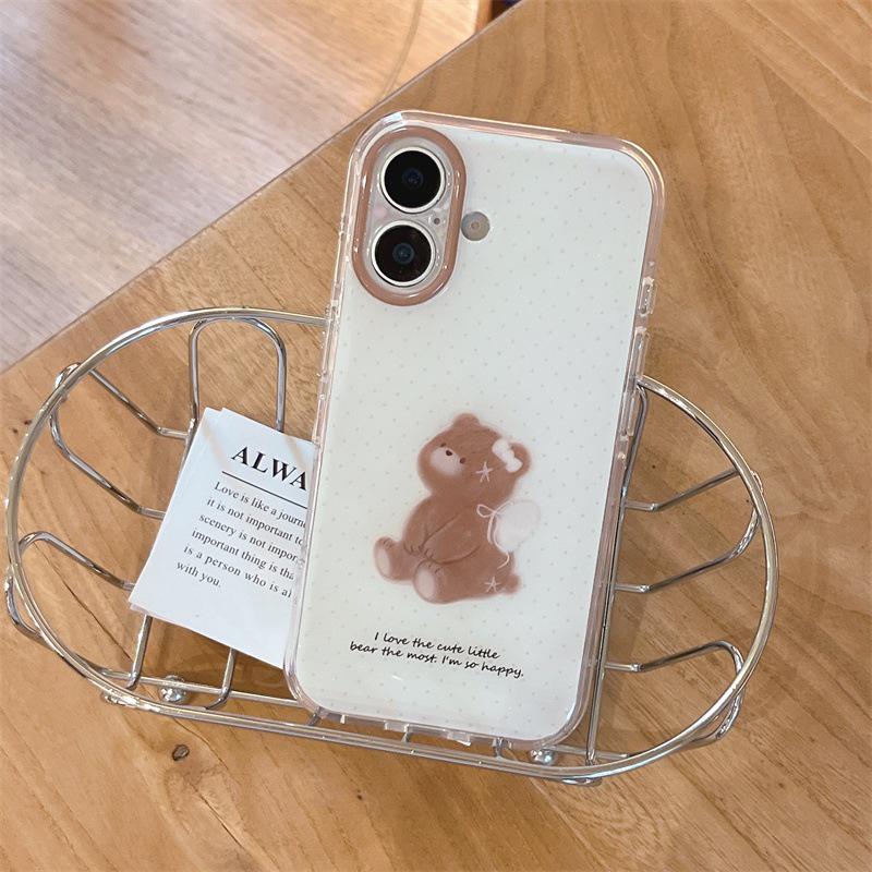 Minimalist Brown Polka Dot Little Bear Chain Phone Case for iPhone 17/16 Pro Max/15 Pro