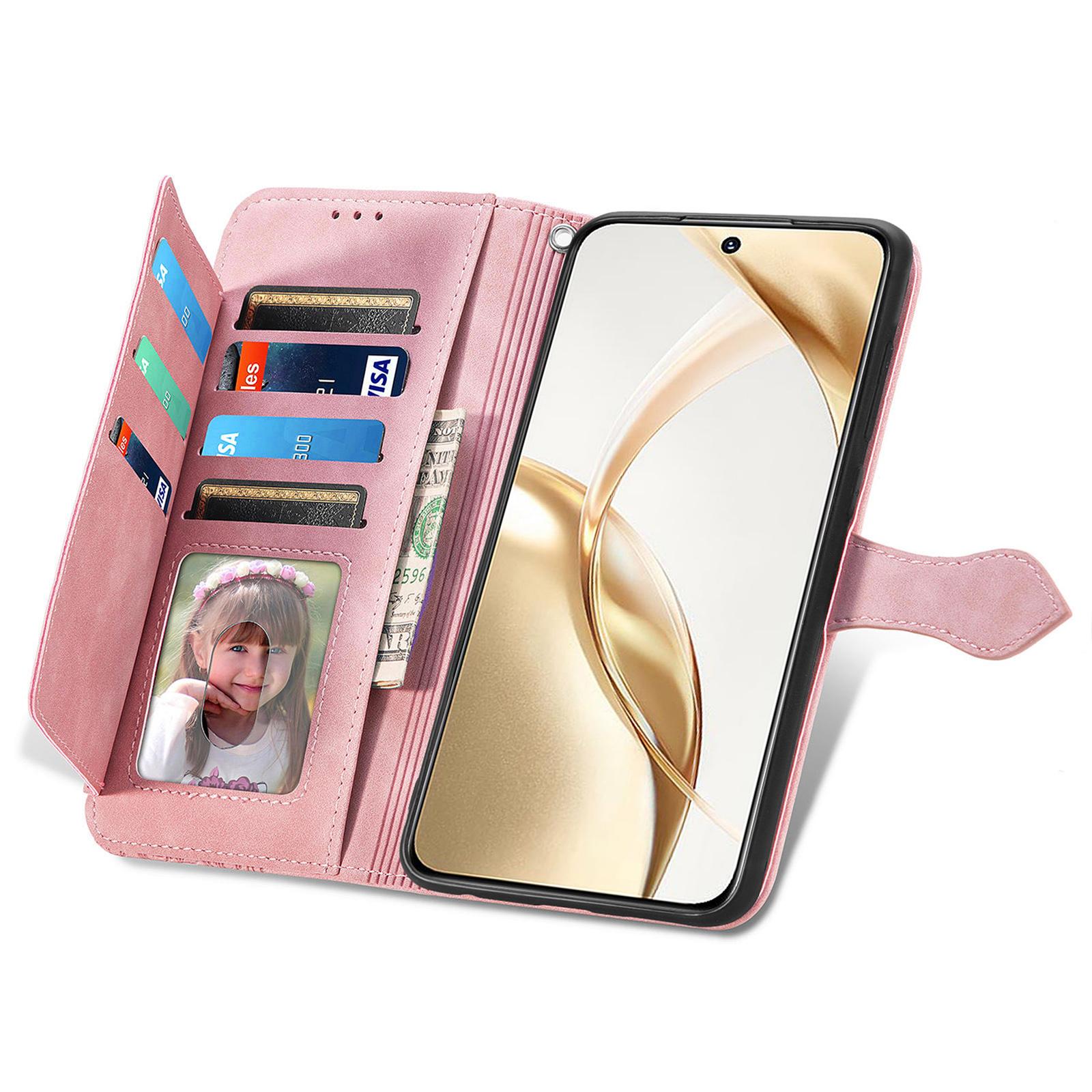 

For Honor 200 5G Zipper Wallet Case with Strap Flower Imprint PU Leather Phone Cover Pink