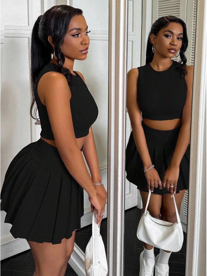 

2025 Модный комплект из двух частей юбки без рукавов в европейском и американском стиле с плиссе