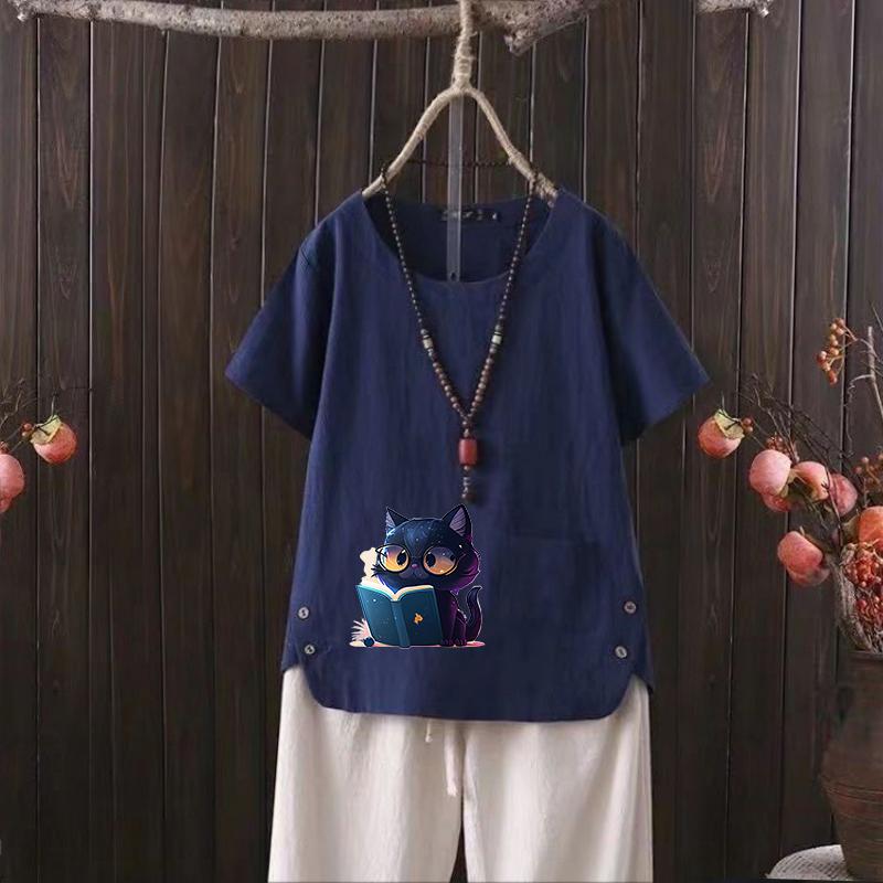 Summer Beach Day Linen Shirt, Women's Graphic Tee, Boho Print Short Sleeve, S-4XL