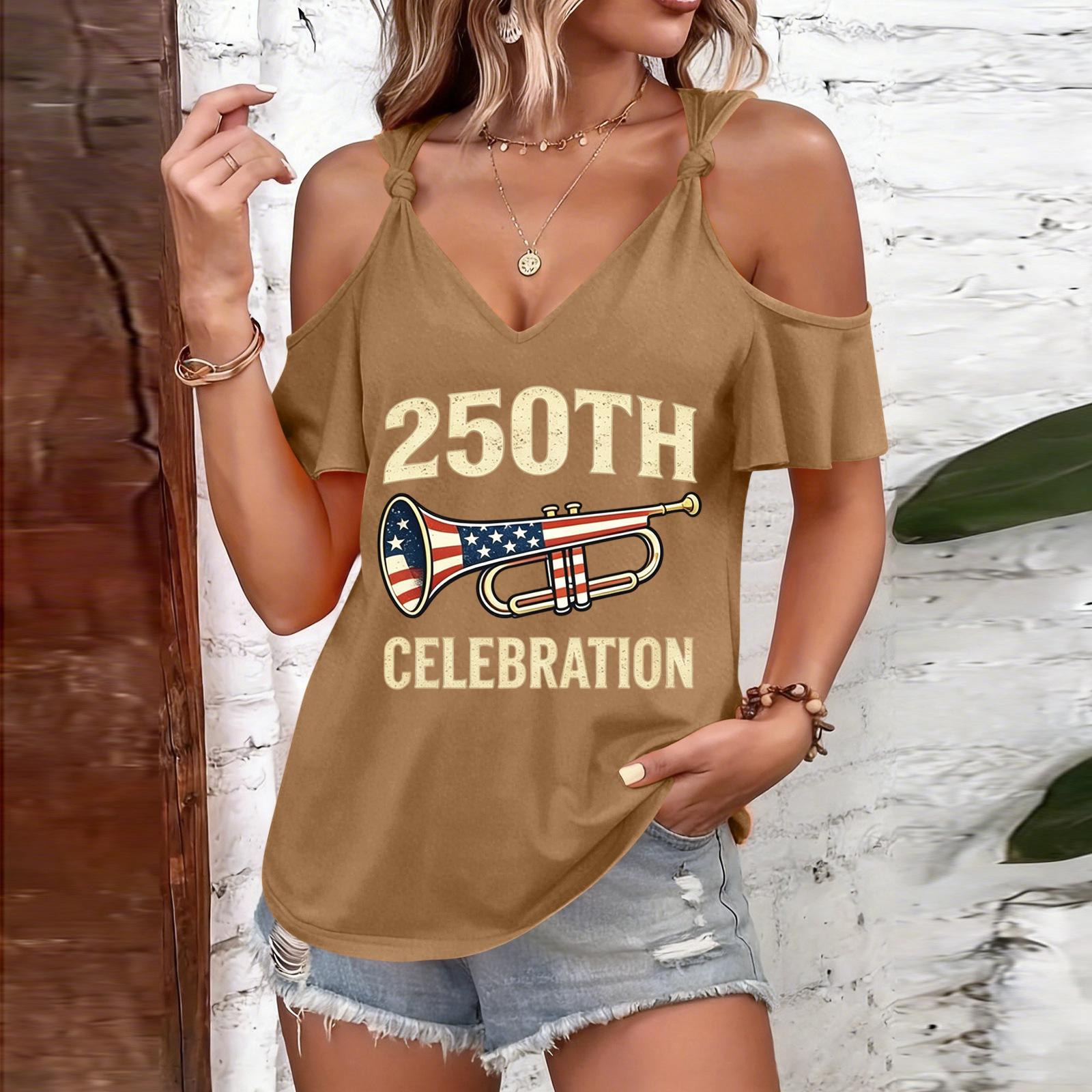 

Women s Casual Cold Shoulder Short Sleeve T Shirt with 250th Celebration Print and Trumpet Graphic Loose Fit Round Neck Design XXL
