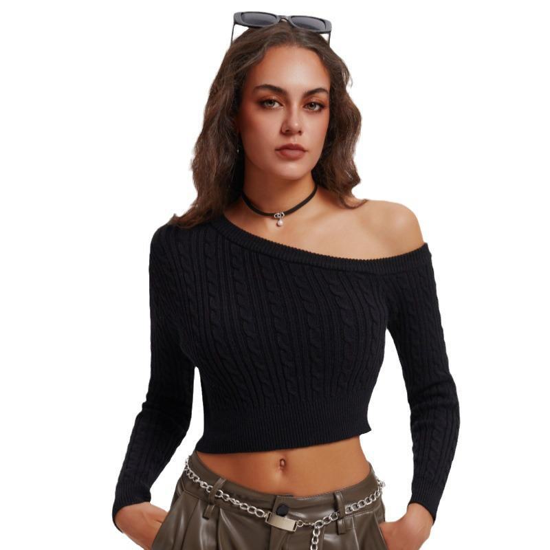 Women's Twisted Woolen One-Shoulder Long-Sleeve Pullover Sweater - Autumn/Winter Fashion Top