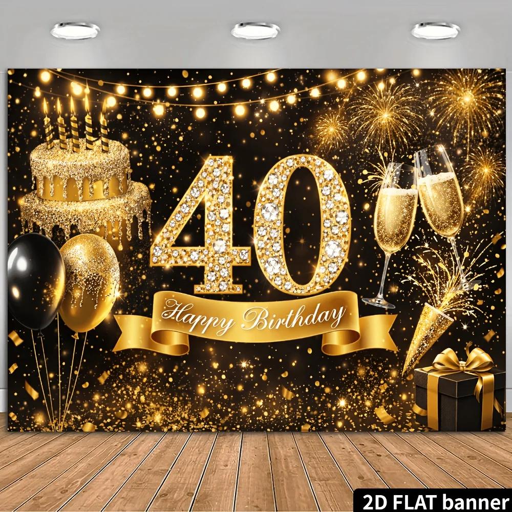 2D-Ebene 40. Geburtstag Party Banner Hintergrund - Schwarz-Gold-Thema 40. Geburtstag, mit strassbesetzter Zahl 40 und yzb