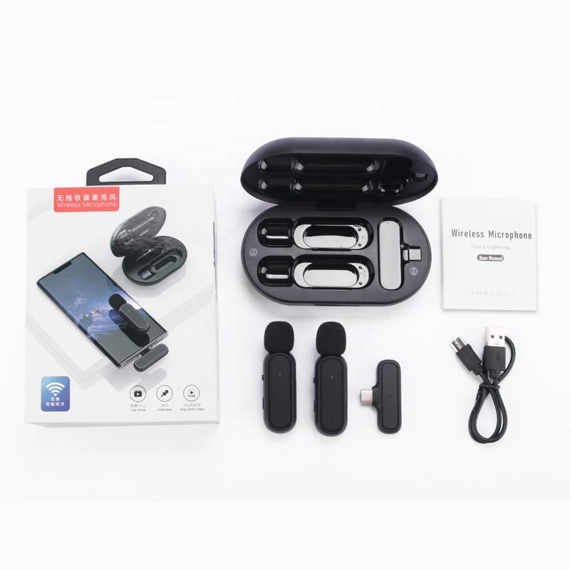 K61 Dual 2.4ghz Mini Lavalier Lapel Clip On Mic Wireless Microphone with Charging Case Smart Phone